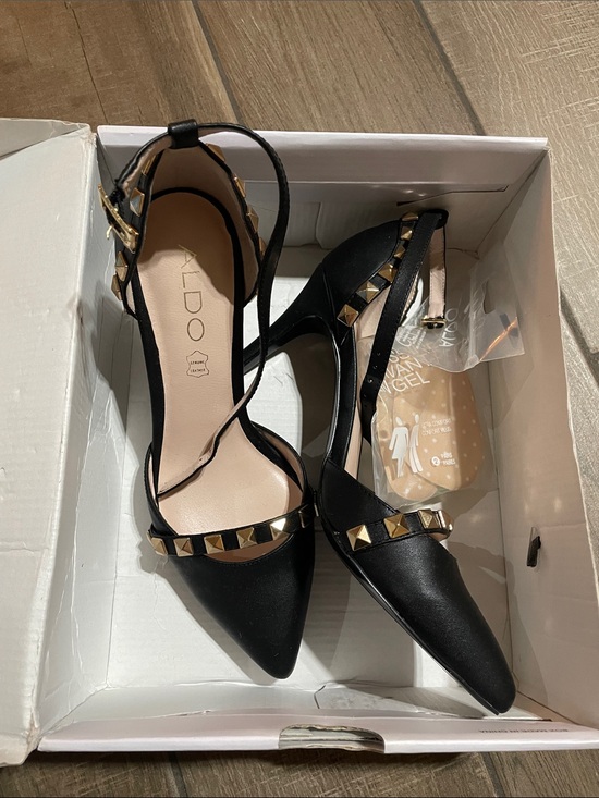 Aldo Shoes - ALDO Black Drevia 96 Pointed Toe Slingback Heels with Gold Studs